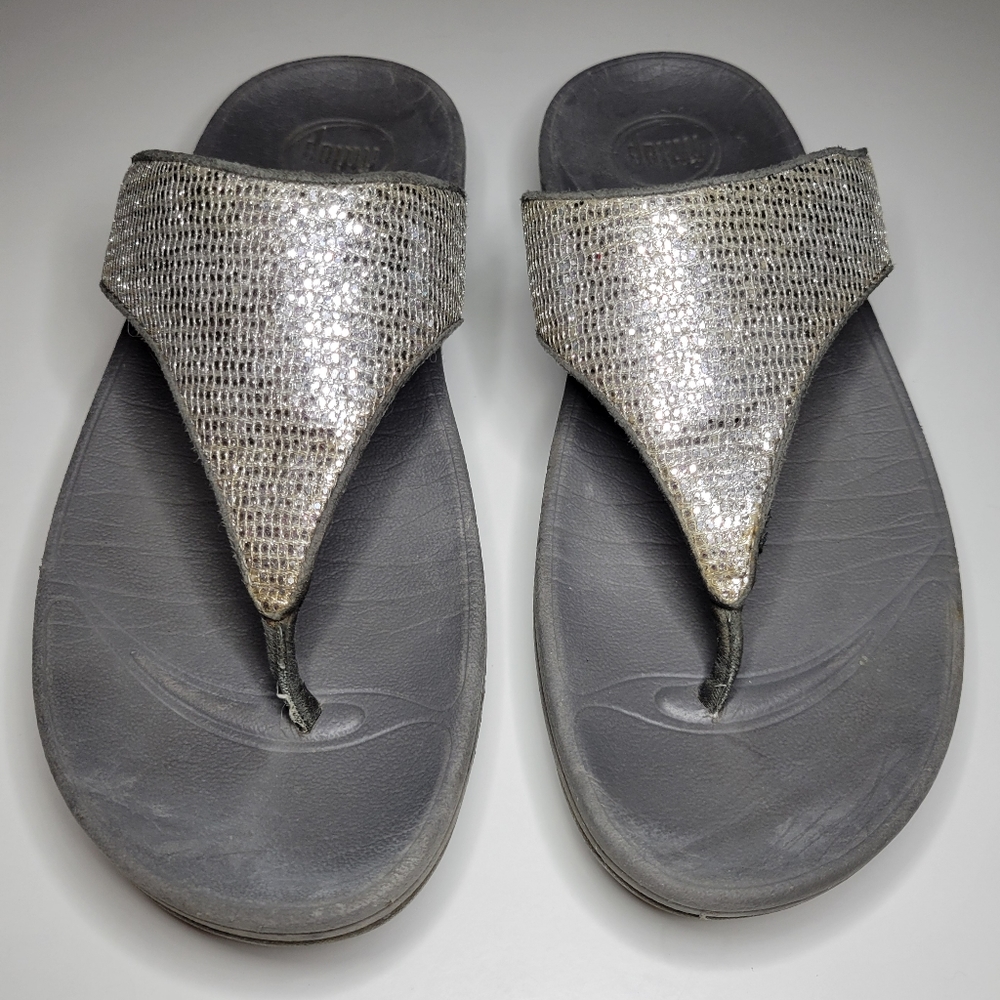 FITFLOP Women's 7 LULU Superglitz Sandals Metallic Mesh Silver Platform